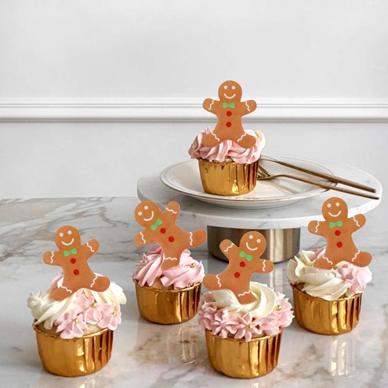 Ercadio 40 Pcs Edible Merry Christmas Cupcake Toppers Brown Gingerbread Man Cupcake Drink Topper Picks for Celebrating Merry Christmas Theme New Year Holiday Party Cake Decorations Supplies - Image 5